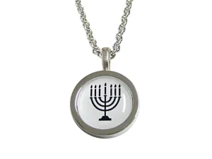 Bordered Round Menorah Pendant Necklace
