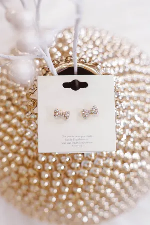 Bow Tie Rhinestone Earrings - Gold