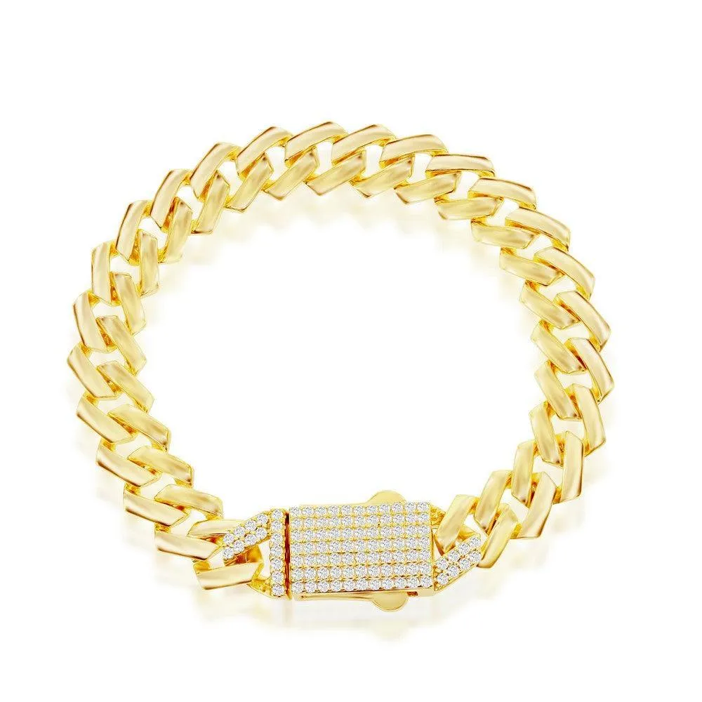 Bracelets Italian Sterling Silver 9mm Monaco Chain With Micro Pave CZ Lock - Gold Plated