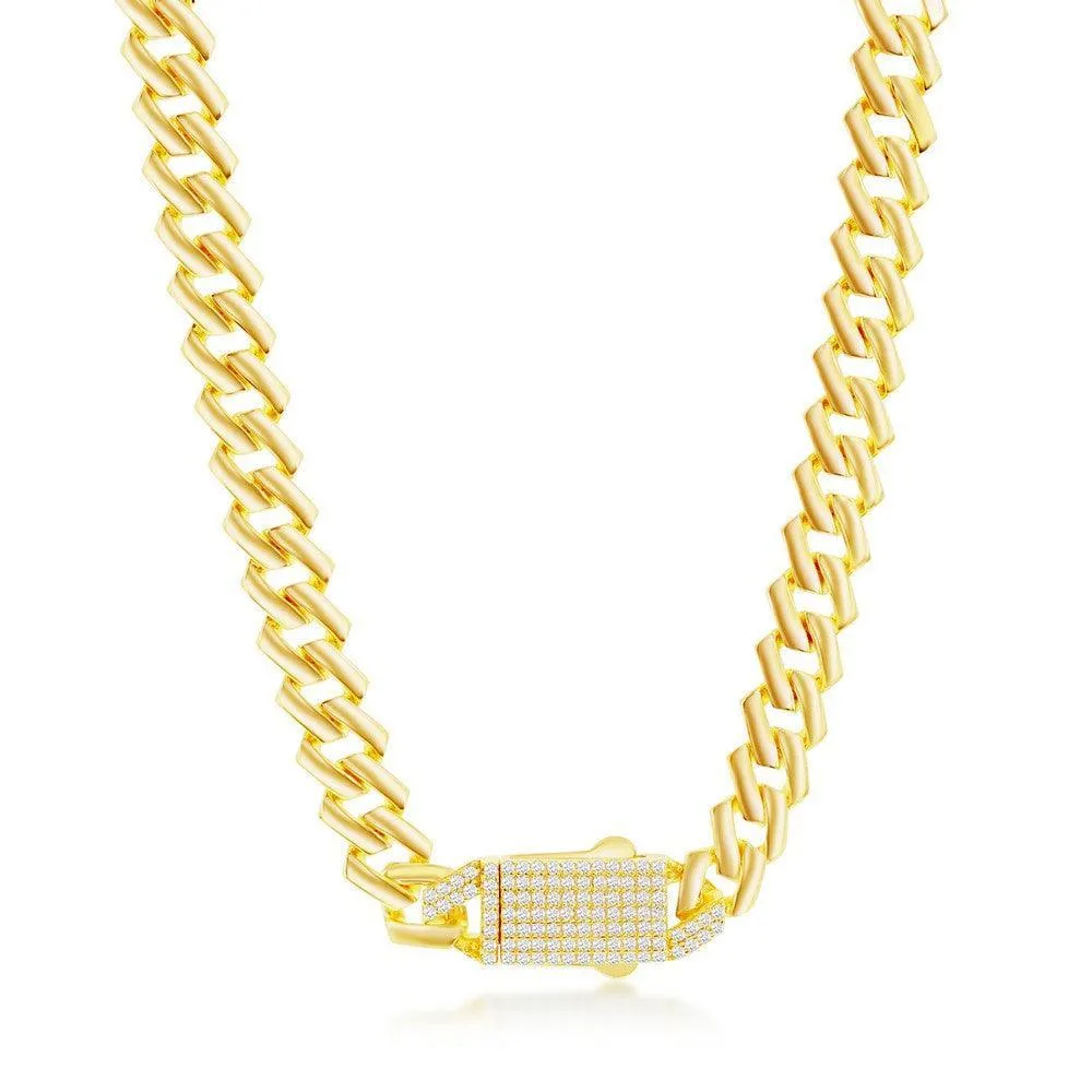 Bracelets Italian Sterling Silver 9mm Monaco Chain With Micro Pave CZ Lock - Gold Plated