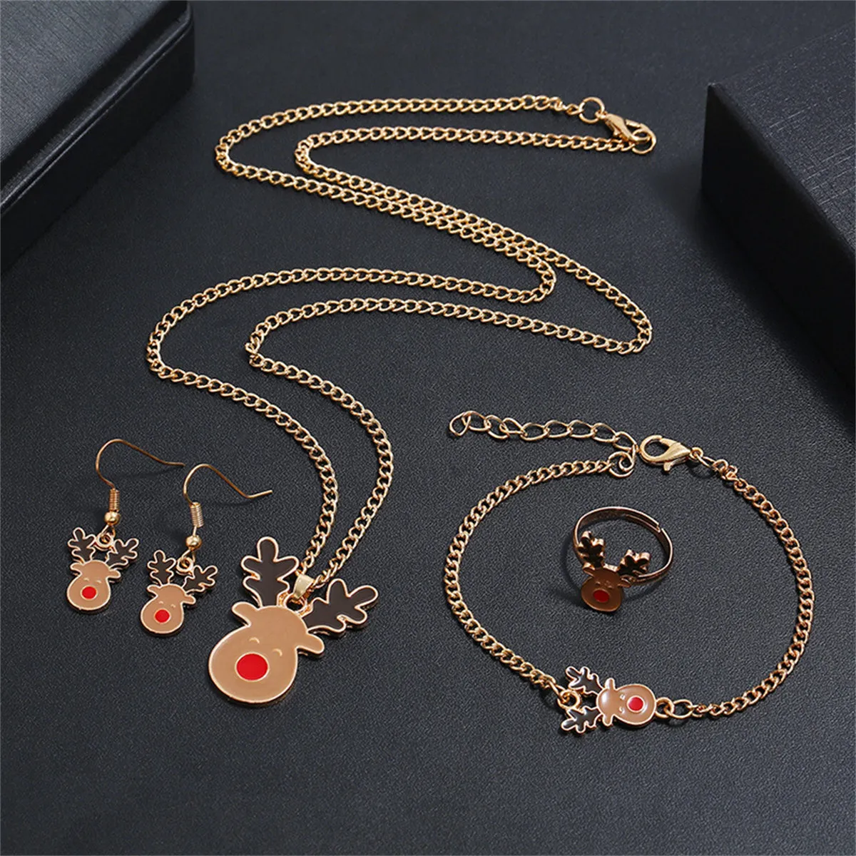 Brown Enamel & 18K Gold-Plated Reindeer Jewelry Set