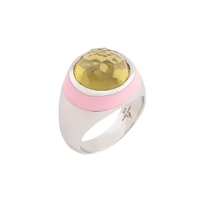 Bubblegum Enamel Ring with Cabochon Olive Quartz in Rhodium