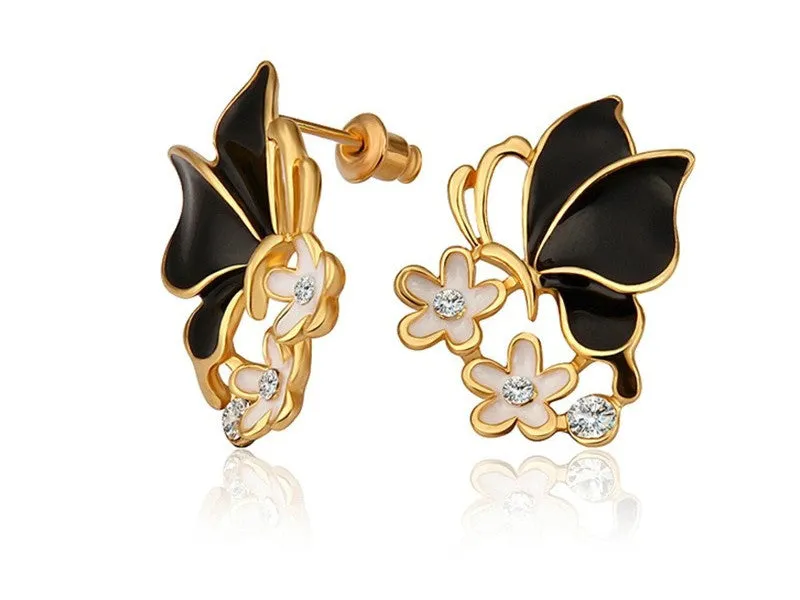 Butterfly earrings with black and white oil drop enamel