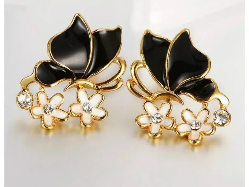 Butterfly earrings with black and white oil drop enamel