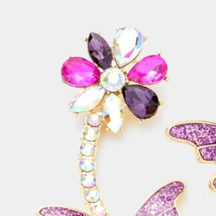 Butterfly Purple Flower Crystal Glitter Earrings