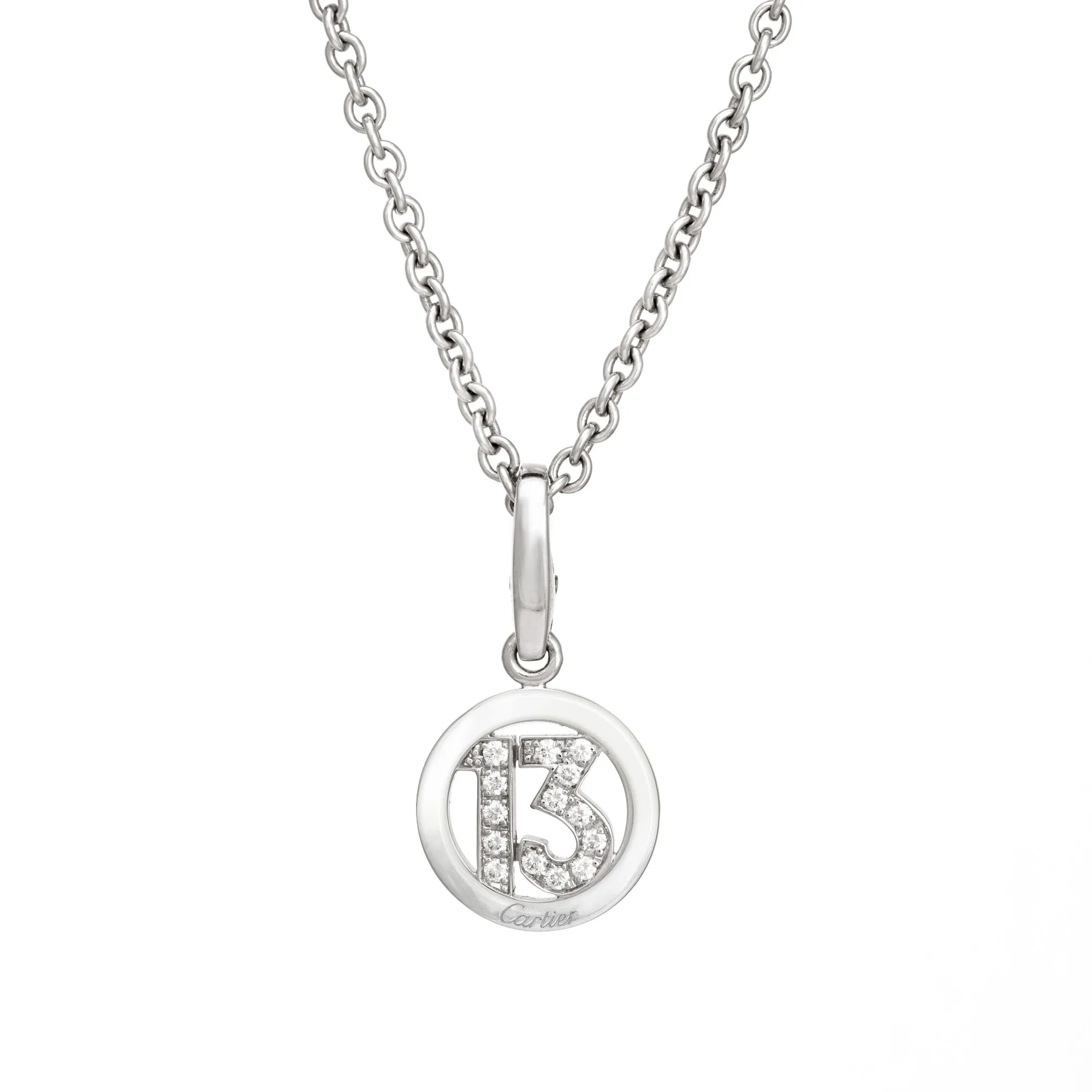 Cartier Diamond 13 Charm & Necklace Estate 18k White Gold 17" Chain Fine Jewelry