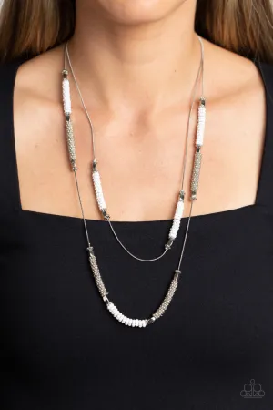 Caviar Chic - White - and Silver Flower Bead Tiered Paparazzi Necklace