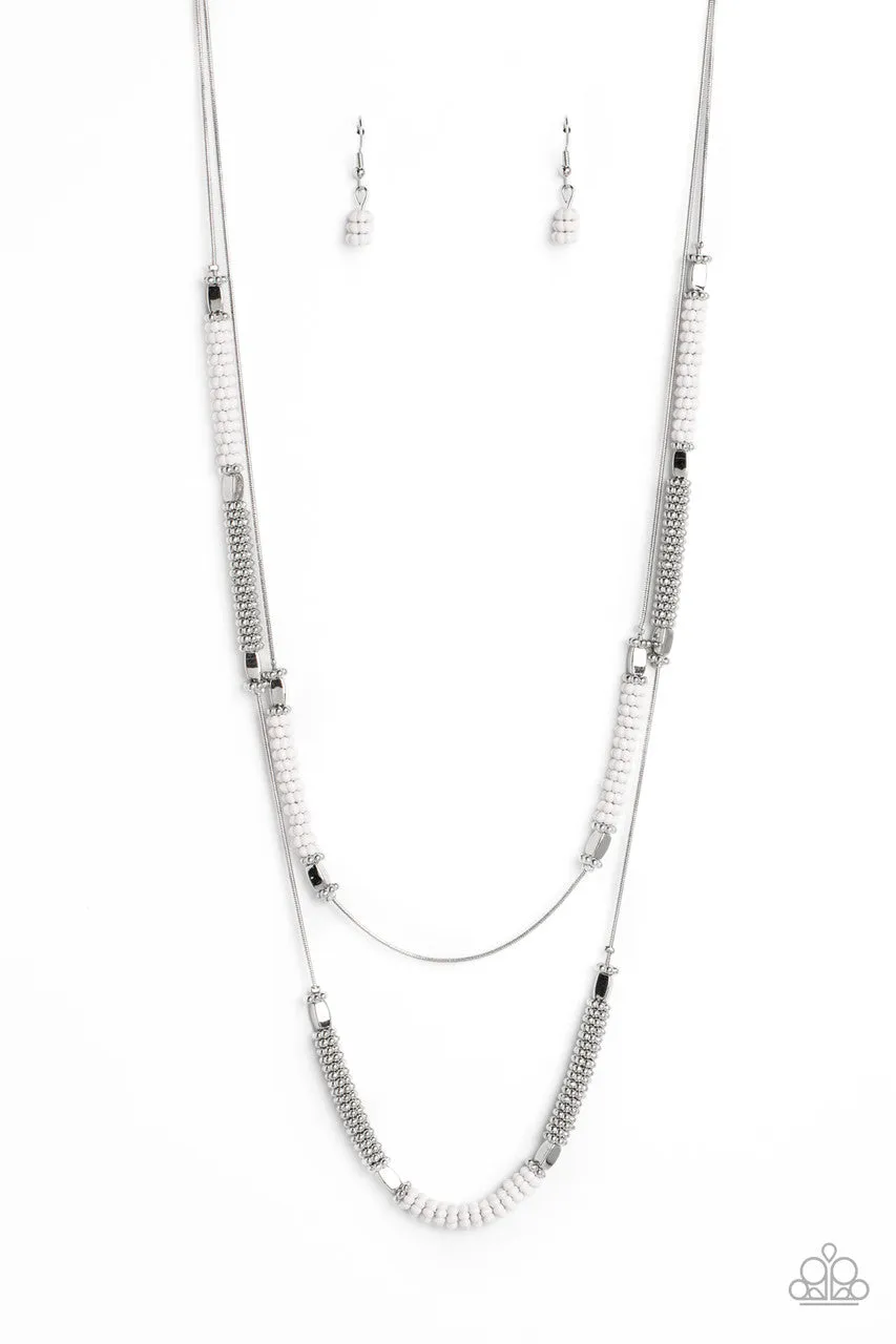 Caviar Chic - White - and Silver Flower Bead Tiered Paparazzi Necklace