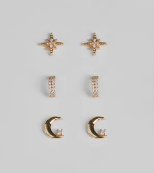 Celestial Glam Three-Pack Stud Earrings Set