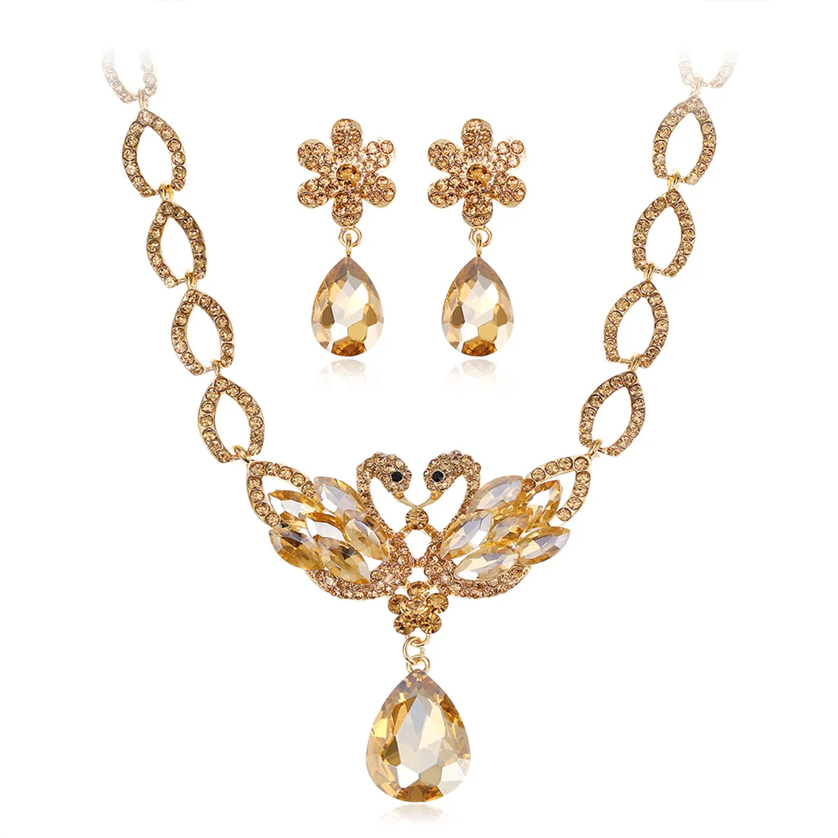 Champagne Crystal & Cubic Zirconia 18K Gold-Plated Swan Pendant Necklace & Drop Earrings