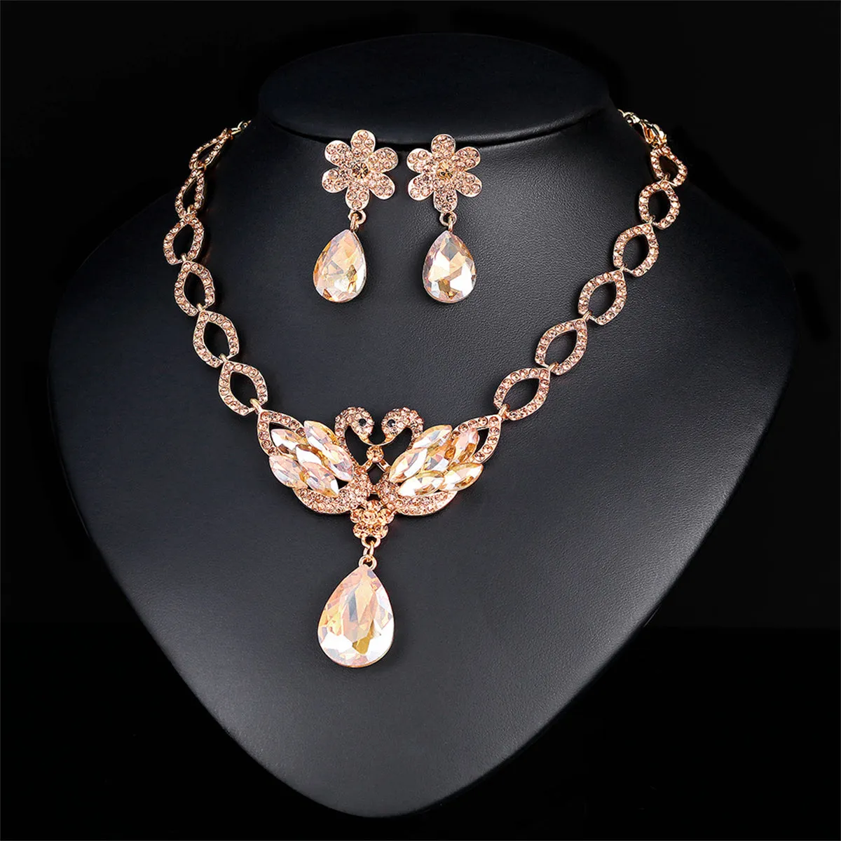 Champagne Crystal & Cubic Zirconia 18K Gold-Plated Swan Pendant Necklace & Drop Earrings