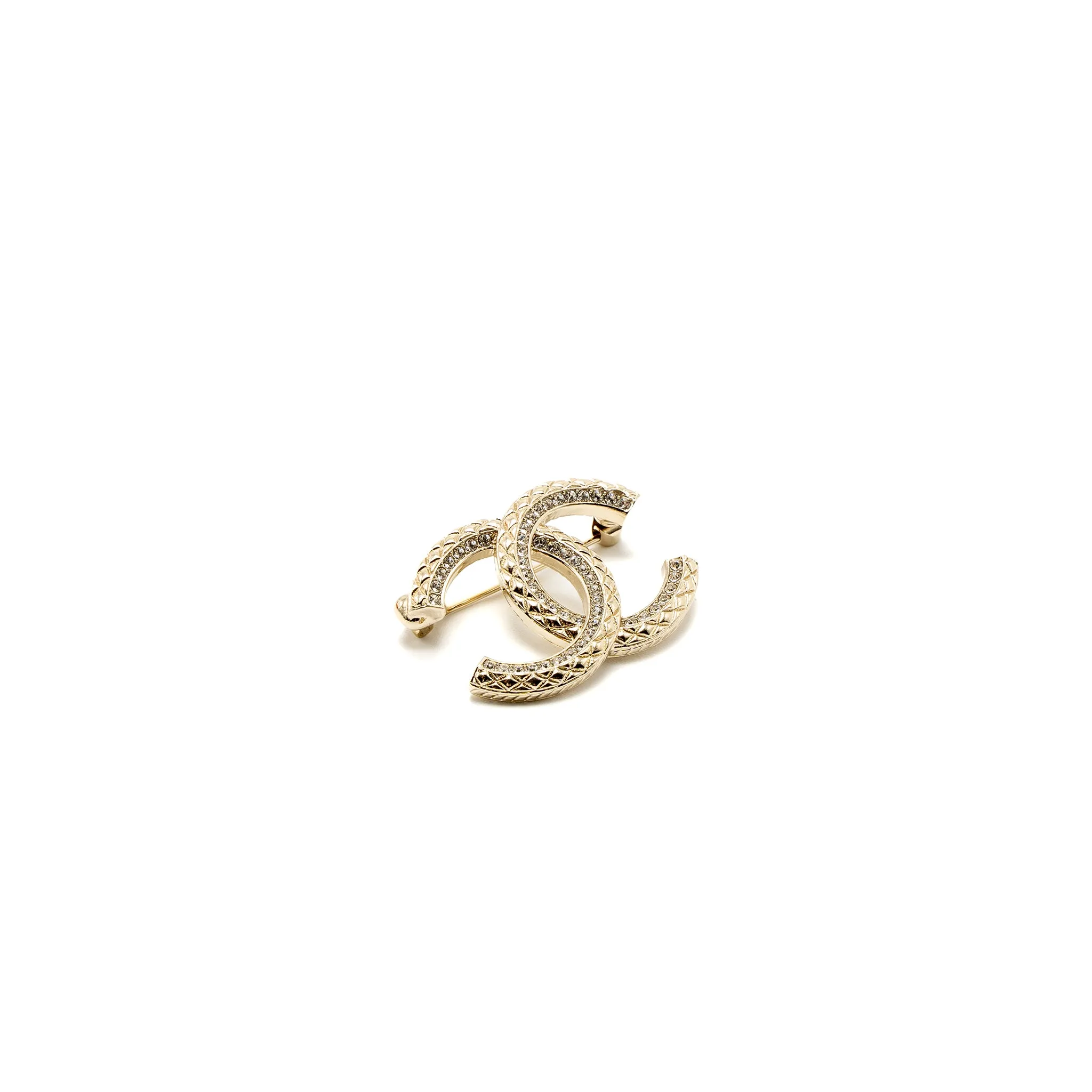 Chanel CC Logo Brooch Crystal Light Gold Tone