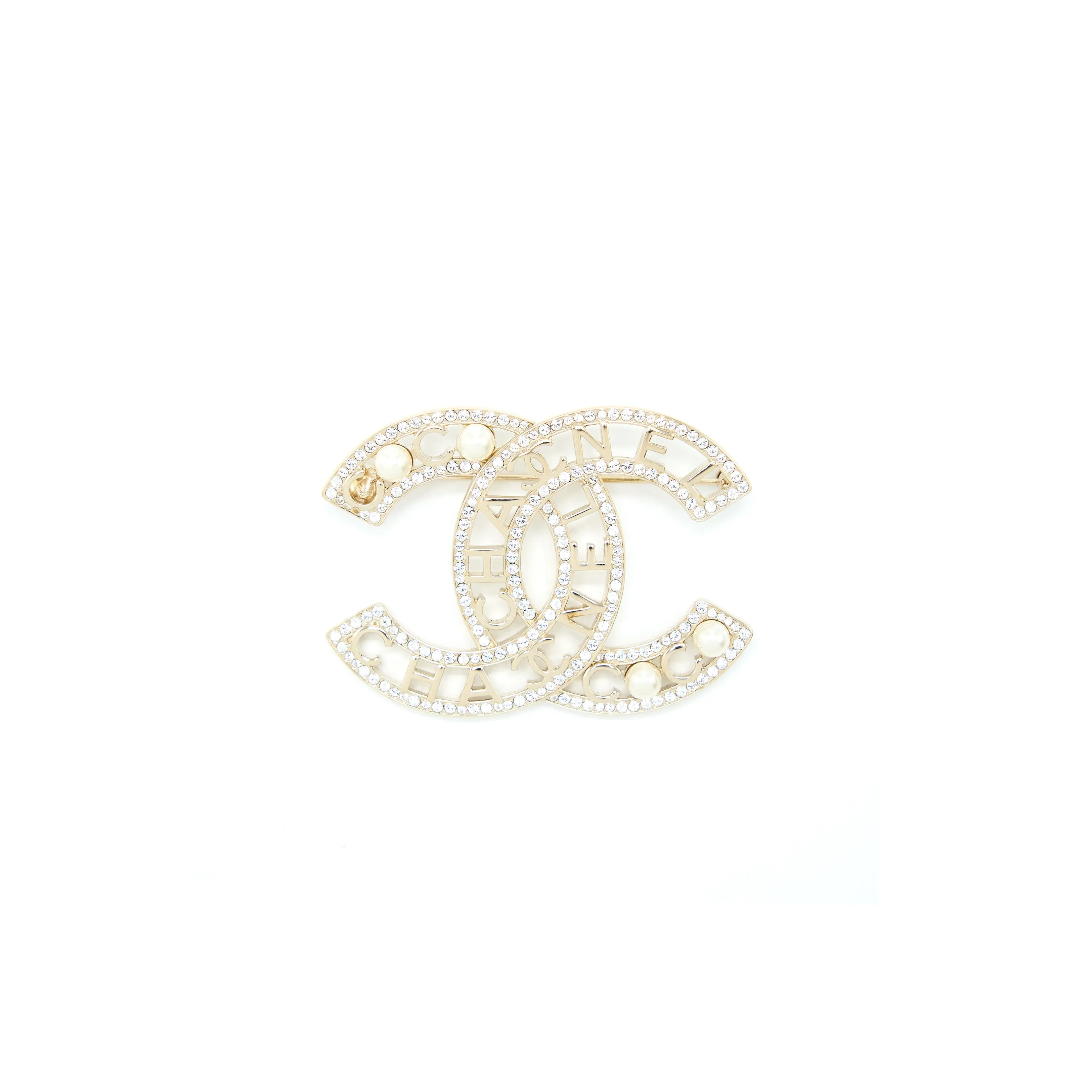 Chanel Large Model CC Logo with Crystal/Pearl Brooch Light Gold Tone