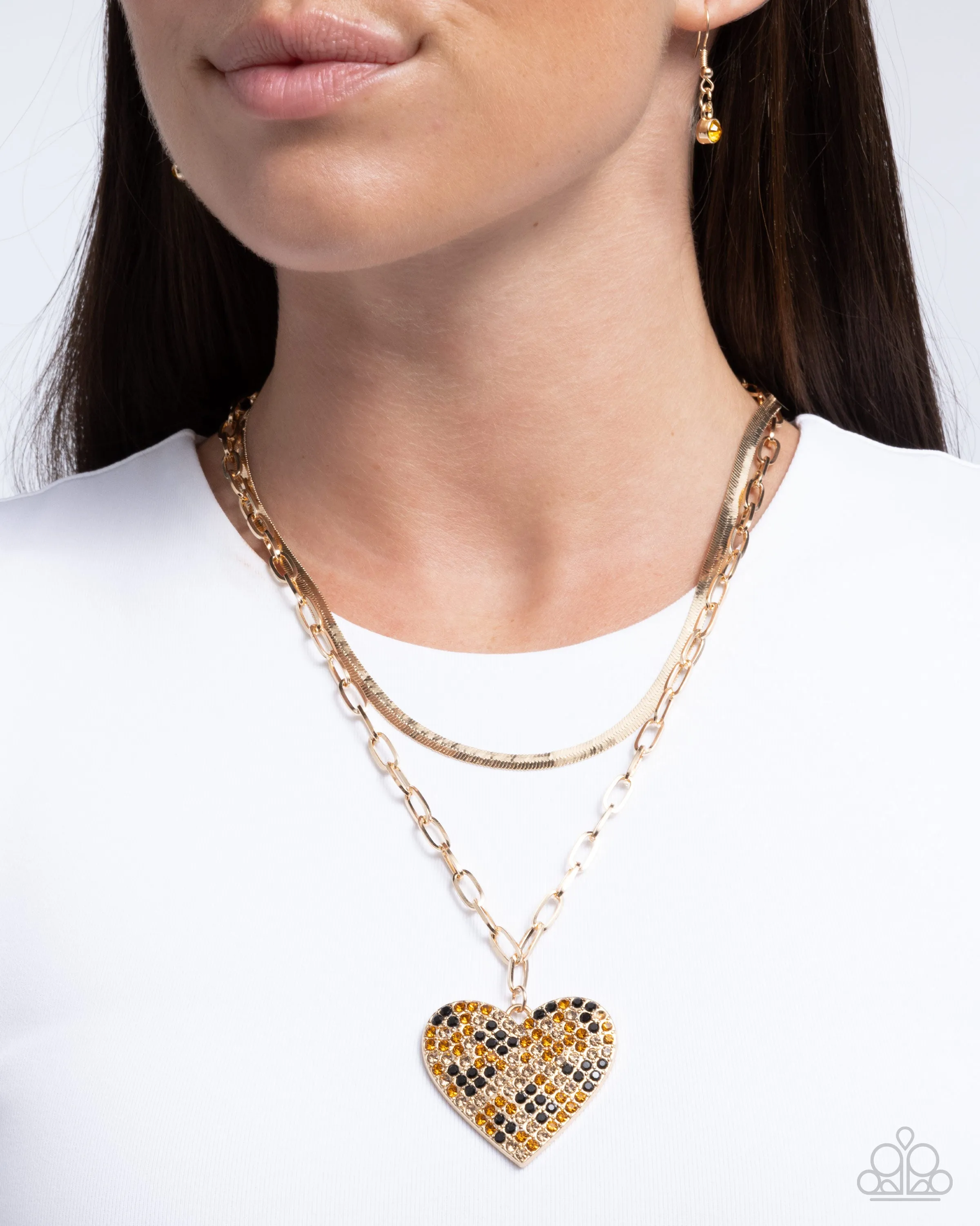 Cheetah Class - Brown - Rhinestone Heart Tiered Chain Paparazzi Short Necklace
