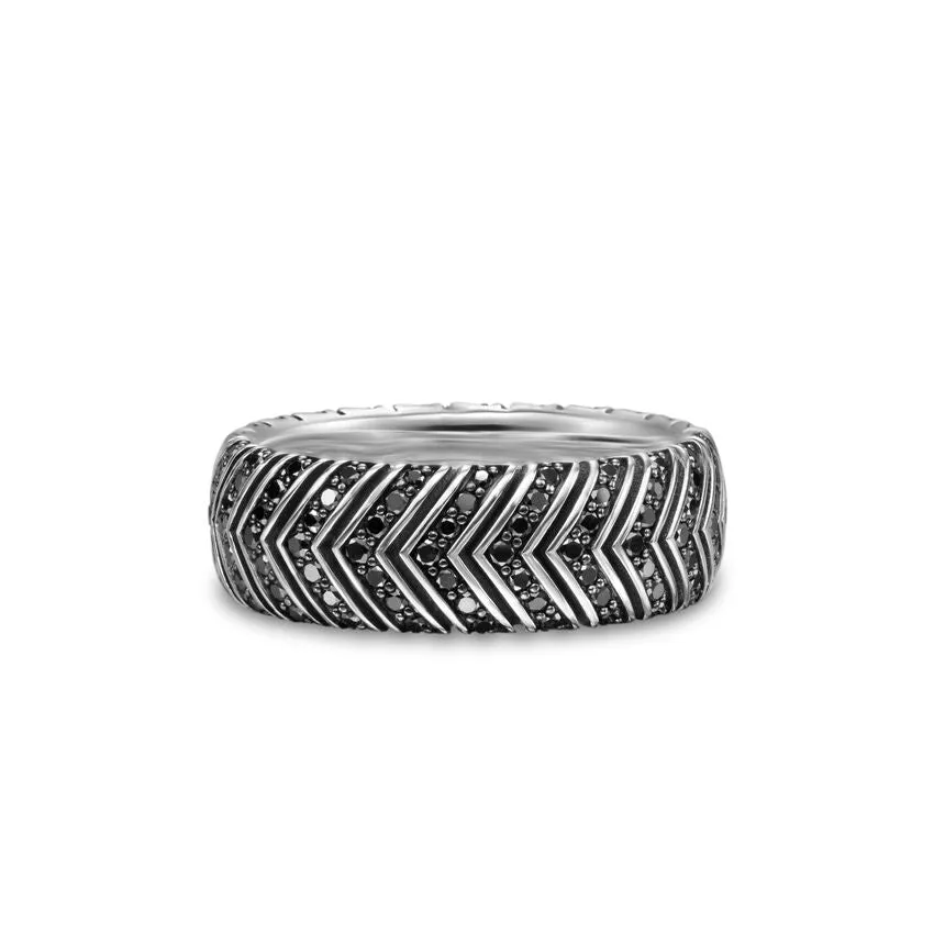 Chevron Band in Sterling Silver with Black Diamonds, 8mm, Size 9