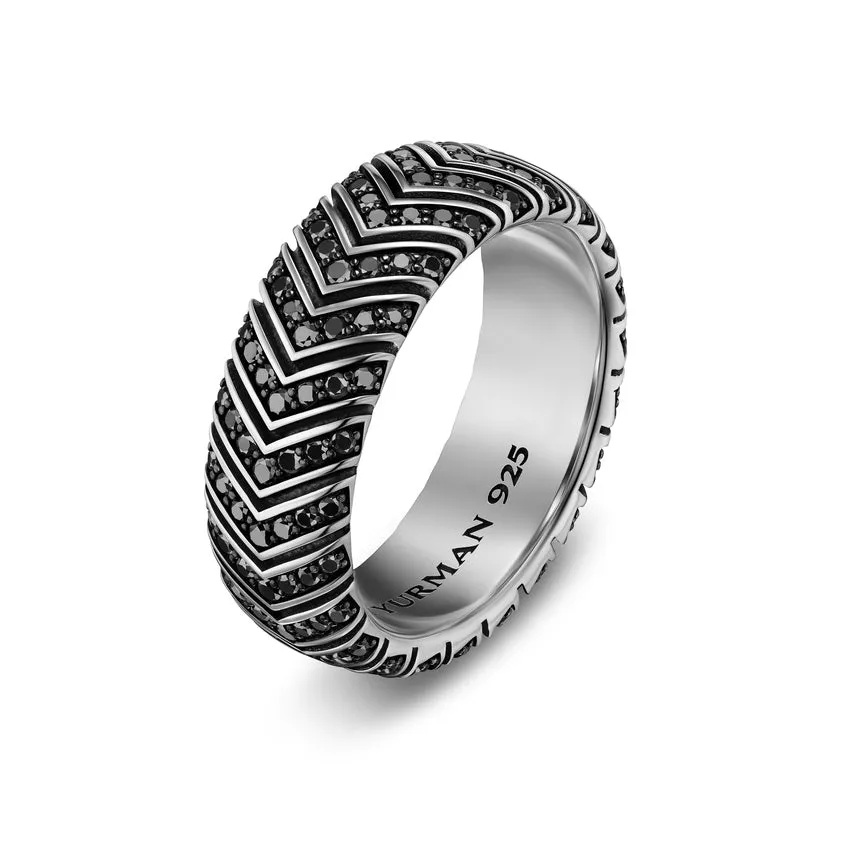 Chevron Band in Sterling Silver with Black Diamonds, 8mm, Size 9