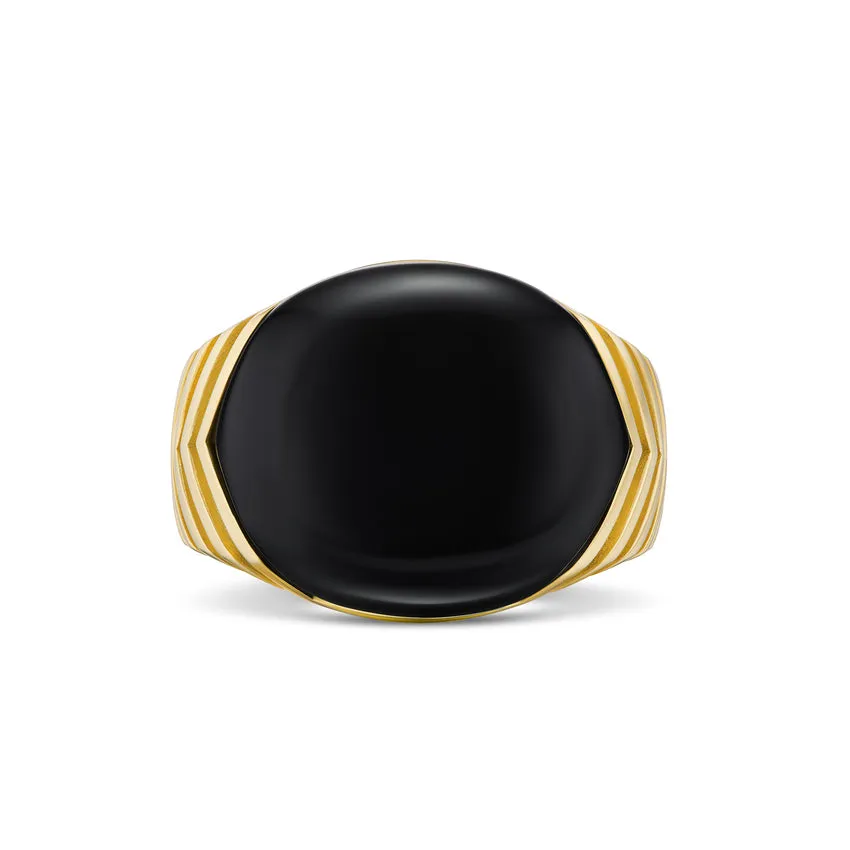 Chevron Signet Ring in 18K Yellow Gold with Black Onyx, 18mm, Size 9