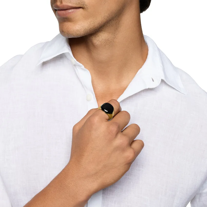 Chevron Signet Ring in 18K Yellow Gold with Black Onyx, 18mm, Size 9