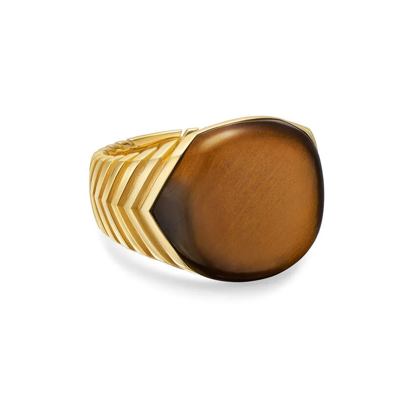 Chevron Signet Ring in 18K Yellow Gold with Tiger's Eye, 18mm, Size 9