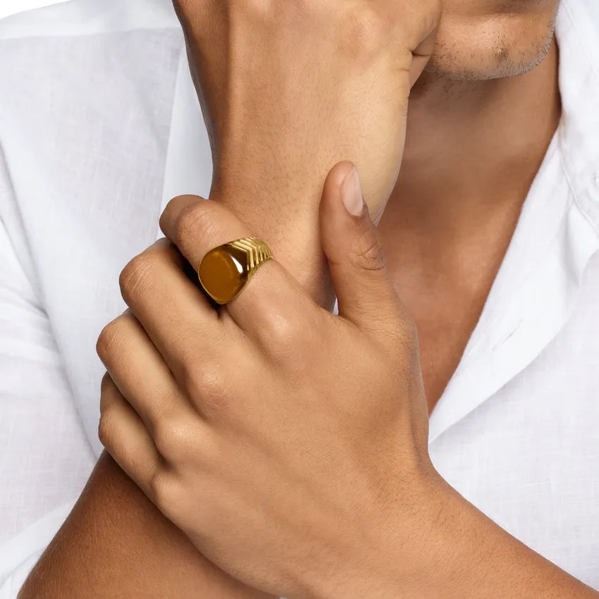 Chevron Signet Ring in 18K Yellow Gold with Tiger's Eye, 18mm, Size 9