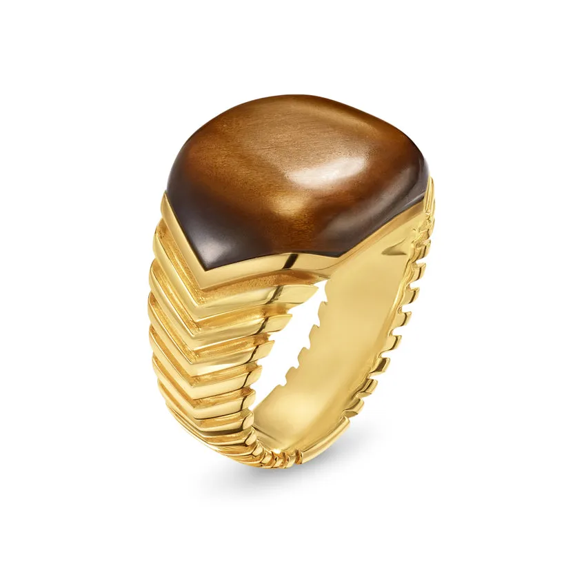 Chevron Signet Ring in 18K Yellow Gold with Tiger's Eye, 18mm, Size 9