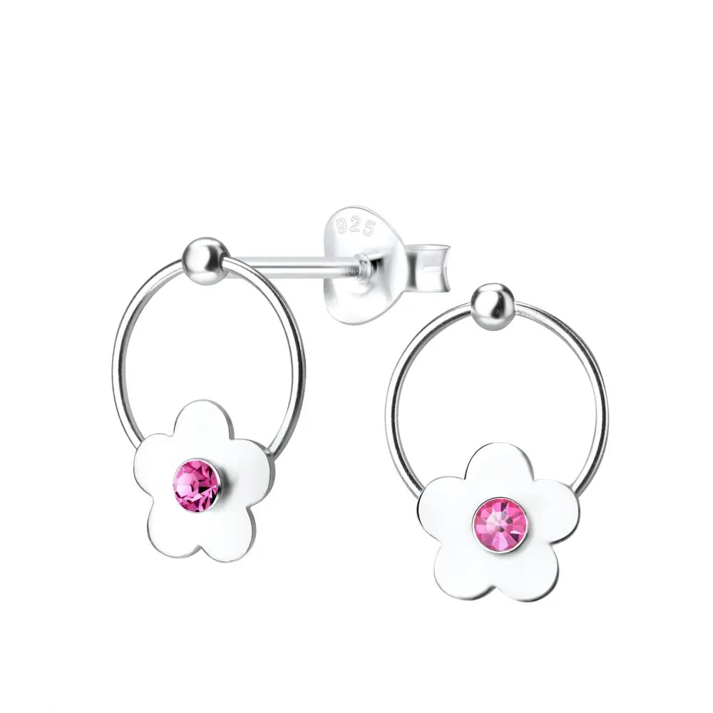 Children's Earrings:  Sterling Silver Flowers on Rings Studs