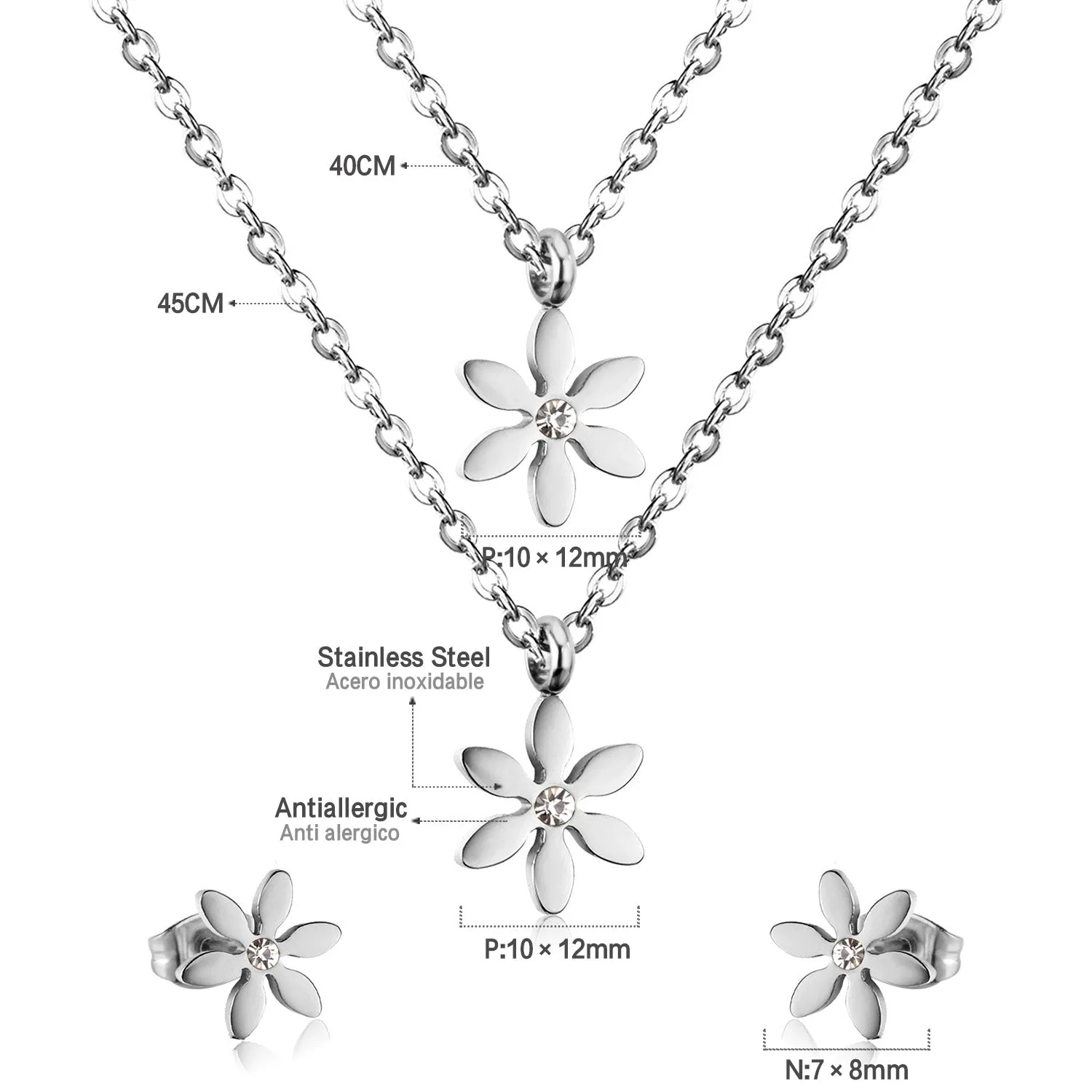 Children's, Teens' and Mothers' Necklace and Earrings Sets:  Surgical Steel, Gold IP Layered Flower Necklace with Matching Earrings with CZ and Gift box.
