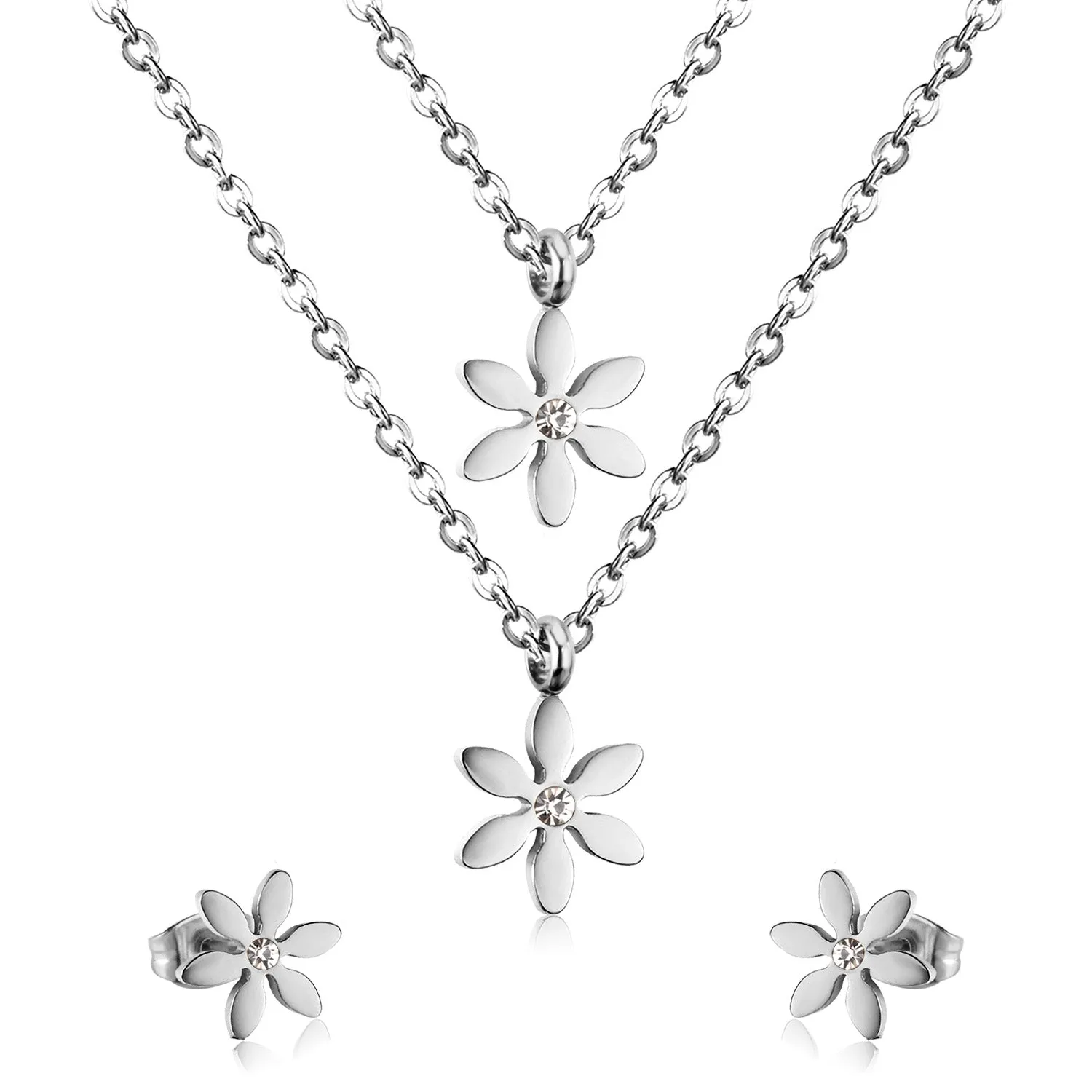 Children's, Teens' and Mothers' Necklace and Earrings Sets:  Surgical Steel, Gold IP Layered Flower Necklace with Matching Earrings with CZ and Gift box.