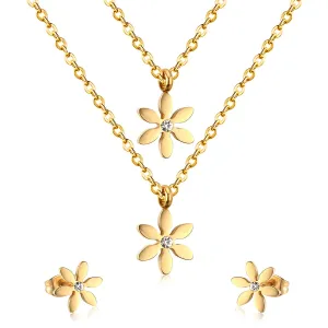 Children's, Teens' and Mothers' Necklace and Earrings Sets:  Surgical Steel, Gold IP Layered Flower Necklace with Matching Earrings with CZ and Gift box.