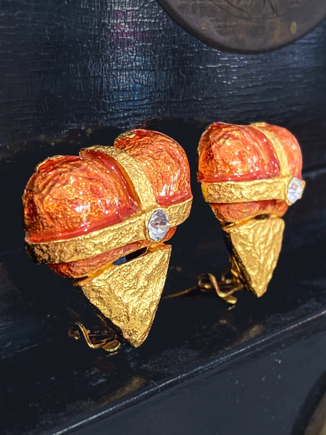 Christian Lacroix Jewelry Red Enameled Rhinestone Gold Heart Clip On Earrings