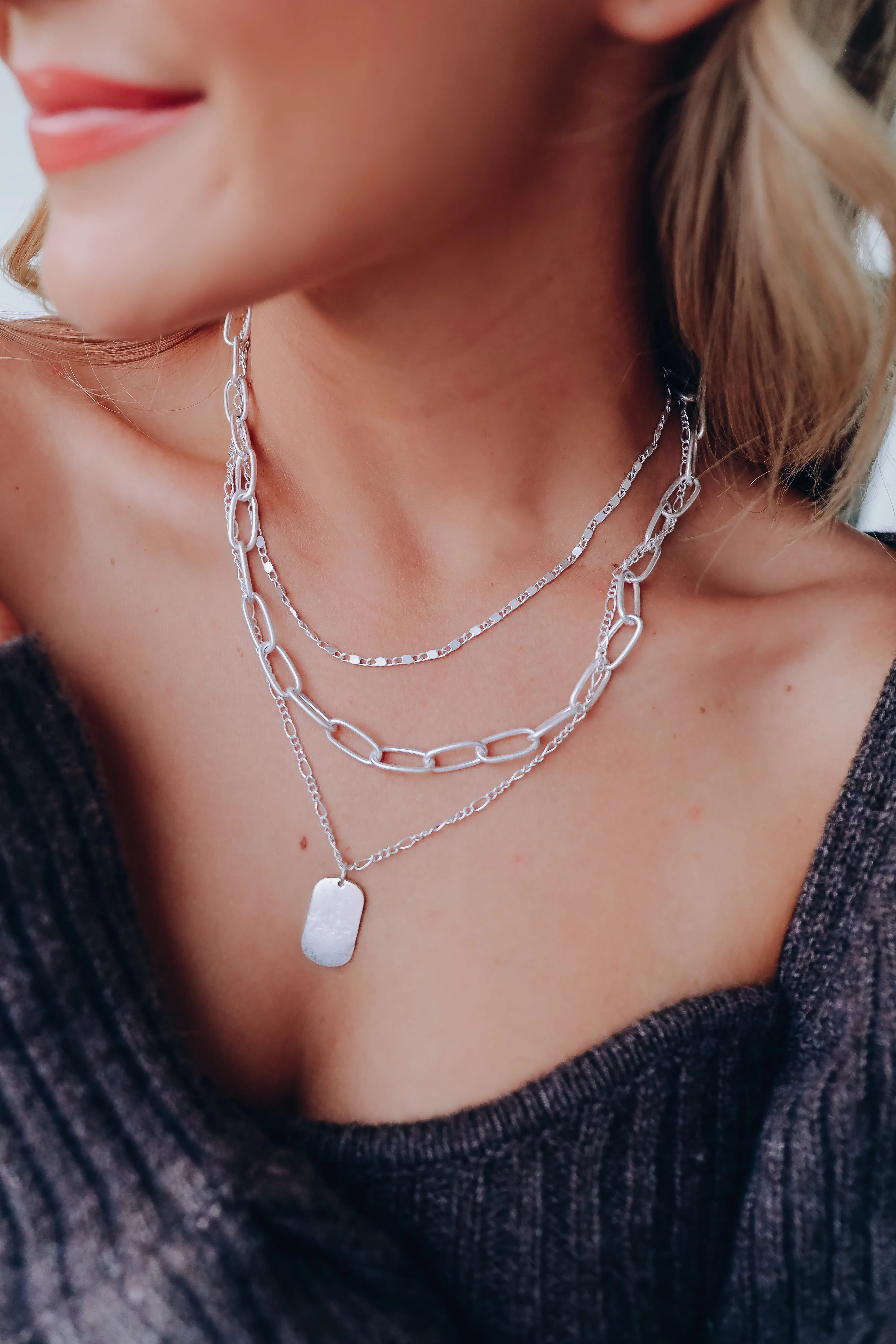 Chunky Chain Metal Tag Layered Necklace - Silver