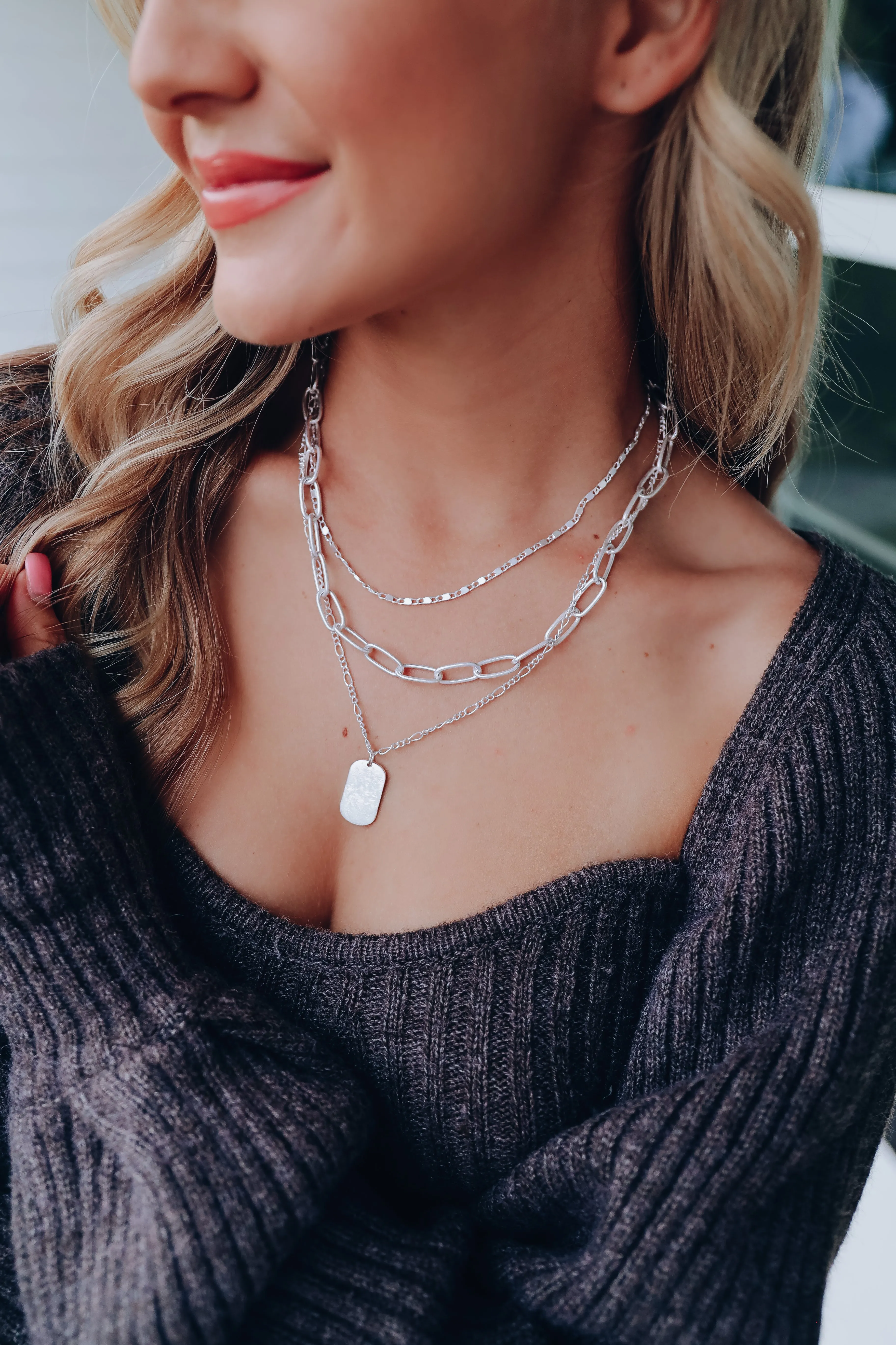 Chunky Chain Metal Tag Layered Necklace - Silver
