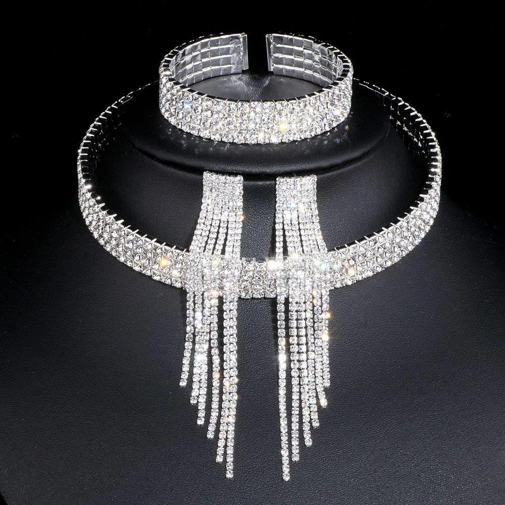 Classic Elegant Tassel Crystal Bridal Jewelry Sets In African Rhinestone Wedding Style  Necklace Earrings Bracelet Sets For Girls and Women