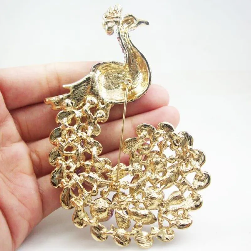Classic Luxury Peacock Bird Gold Tone Brooch Pin Purple Rhinestone Crystal