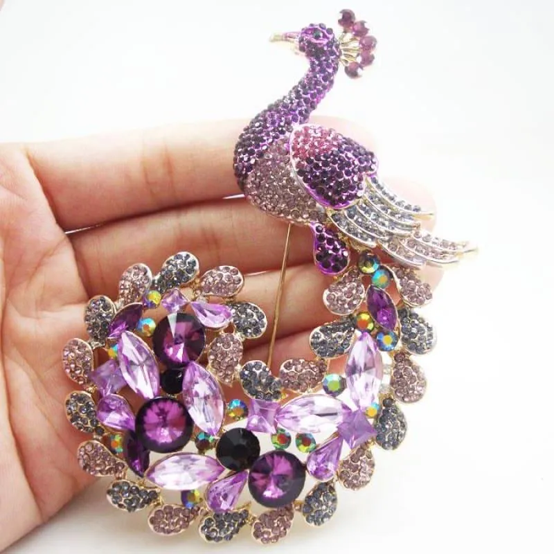 Classic Luxury Peacock Bird Gold Tone Brooch Pin Purple Rhinestone Crystal