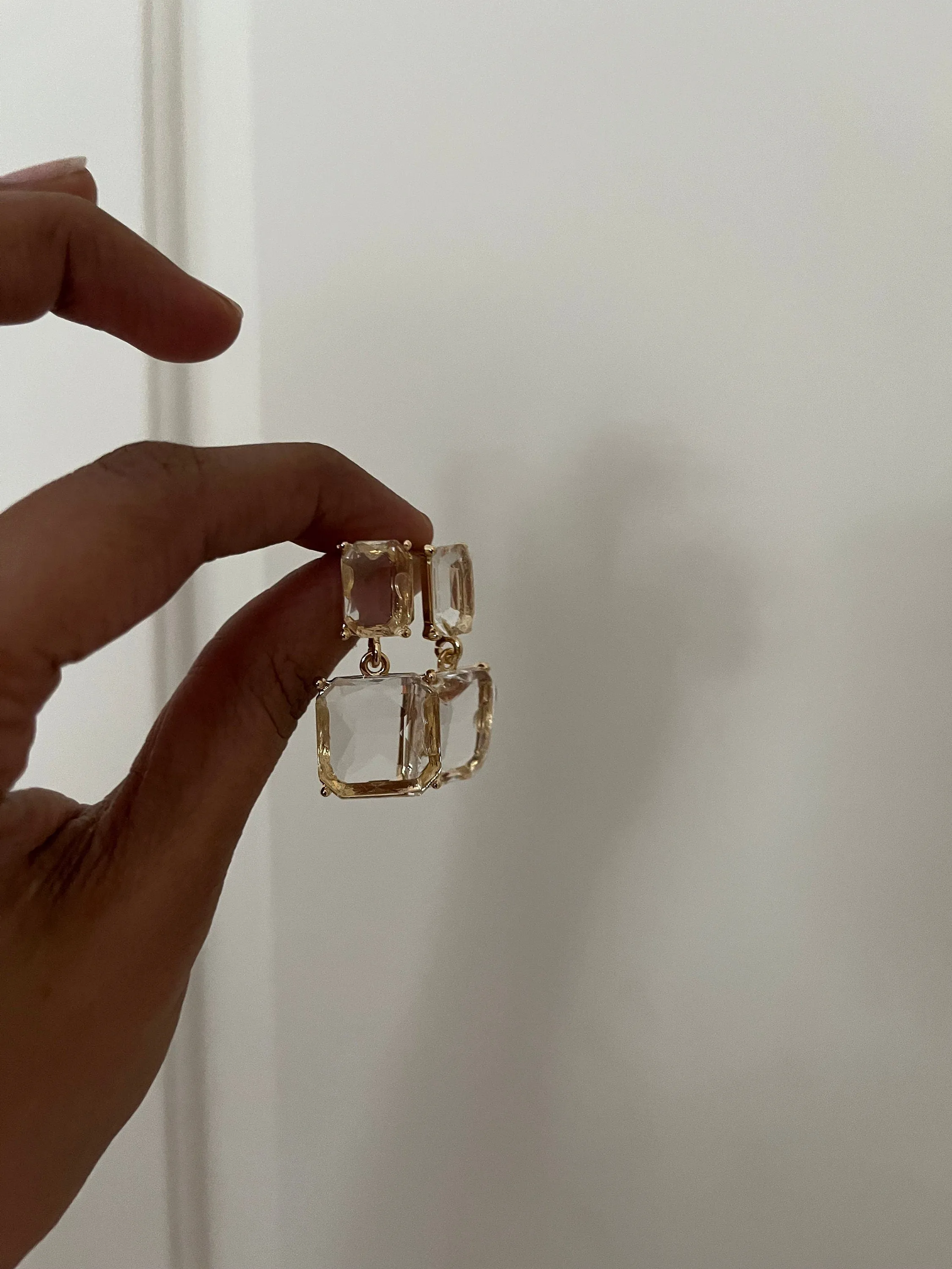 Clear and gold earrings , transparent drop square  clear earrings , glass earrings  , party golden earring , wedding earrings