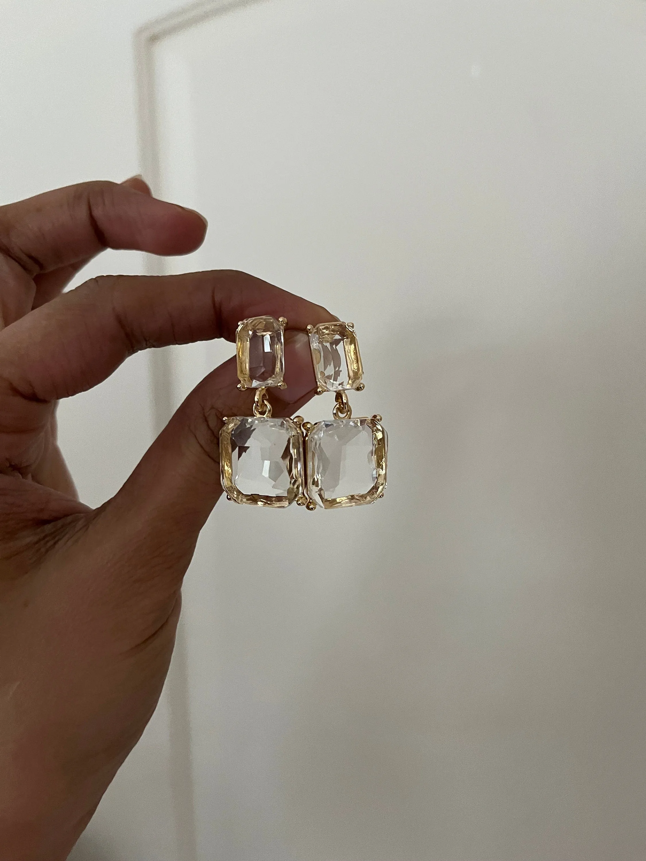 Clear and gold earrings , transparent drop square  clear earrings , glass earrings  , party golden earring , wedding earrings