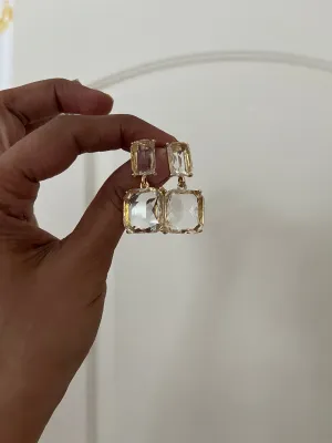 Clear and gold earrings , transparent drop square  clear earrings , glass earrings  , party golden earring , wedding earrings