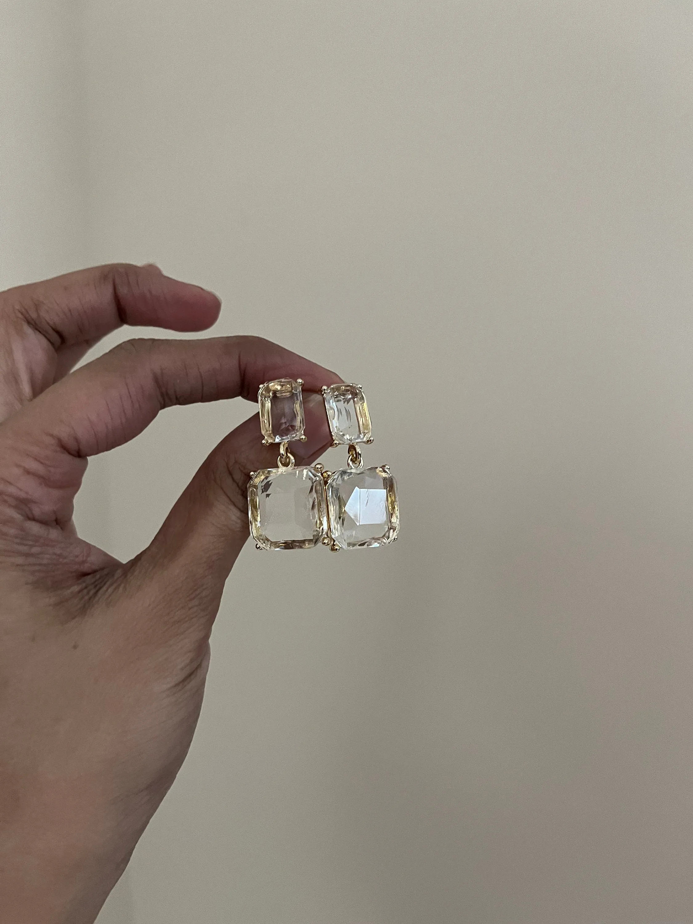 Clear and gold earrings , transparent drop square  clear earrings , glass earrings  , party golden earring , wedding earrings
