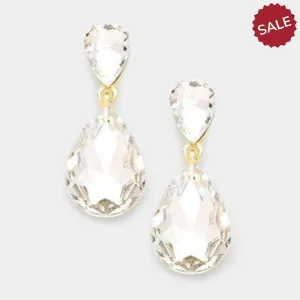 Clear Crystal Double Teardrop Gold Earrings