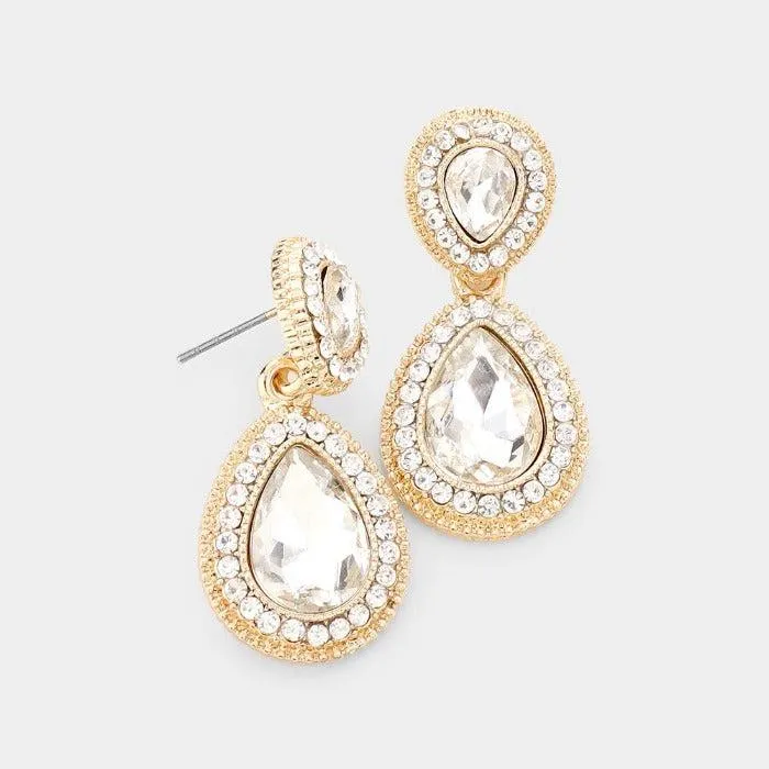 Clear Crystal Teardrop Gold Earrings