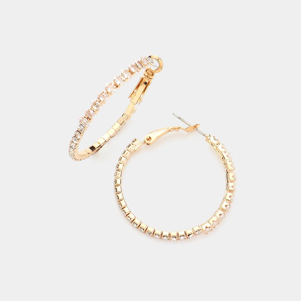 Clear CZ Rhinestone Hoop Earrings on Gold | 1.4"|  622977