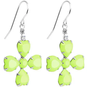 Clear Gem Green Neon Four Leaf Clover Dangle Earrings