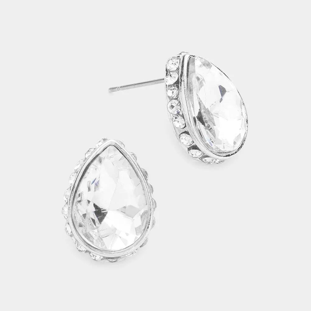 Clear on Silver Rhinestone Trimmed Teardrop Stone Pageant Stud Earrings  | Interview Earrings | 577774