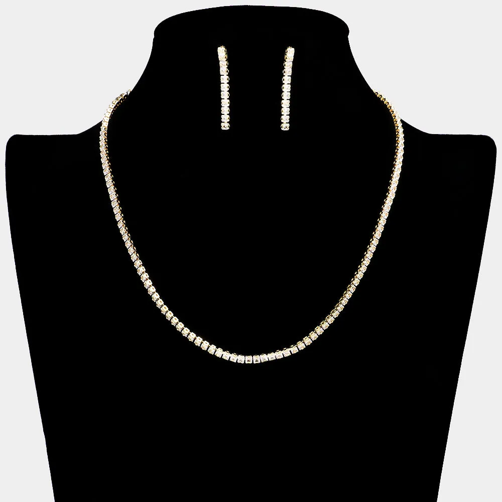 Clear Rhinestone and Earrings Necklace Set on Gold | Prom Jewelry |  611914