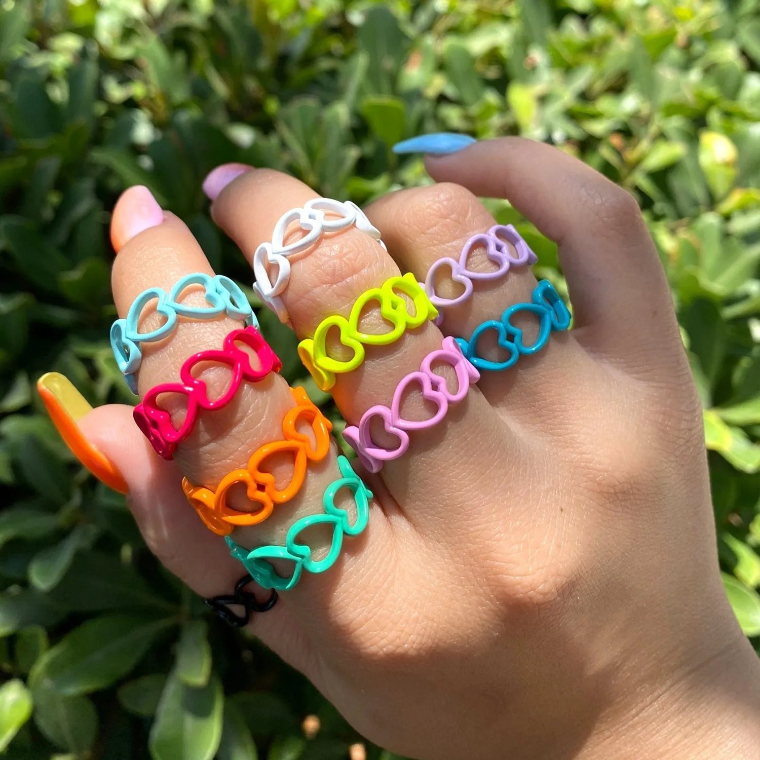Colorful Enamel Open Heart Ring , Neon Color Enamel Ring Black Pink Teal White Yellow