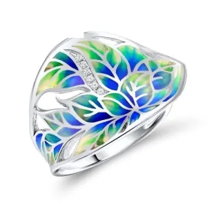 Colorful Transparency Enamel Leaf Ring White Cubic Zirconia Stone Ring
