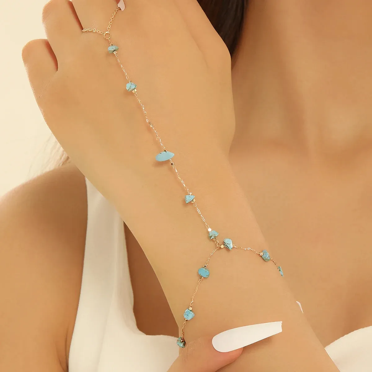 Colorful Zircon Crystal Link Chain Wrist Bracelet For Women Finger Ring Bracelets Trend Statement Jewelry