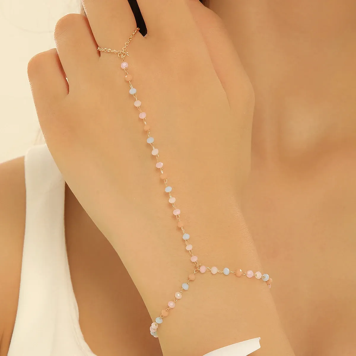 Colorful Zircon Crystal Link Chain Wrist Bracelet For Women Finger Ring Bracelets Trend Statement Jewelry