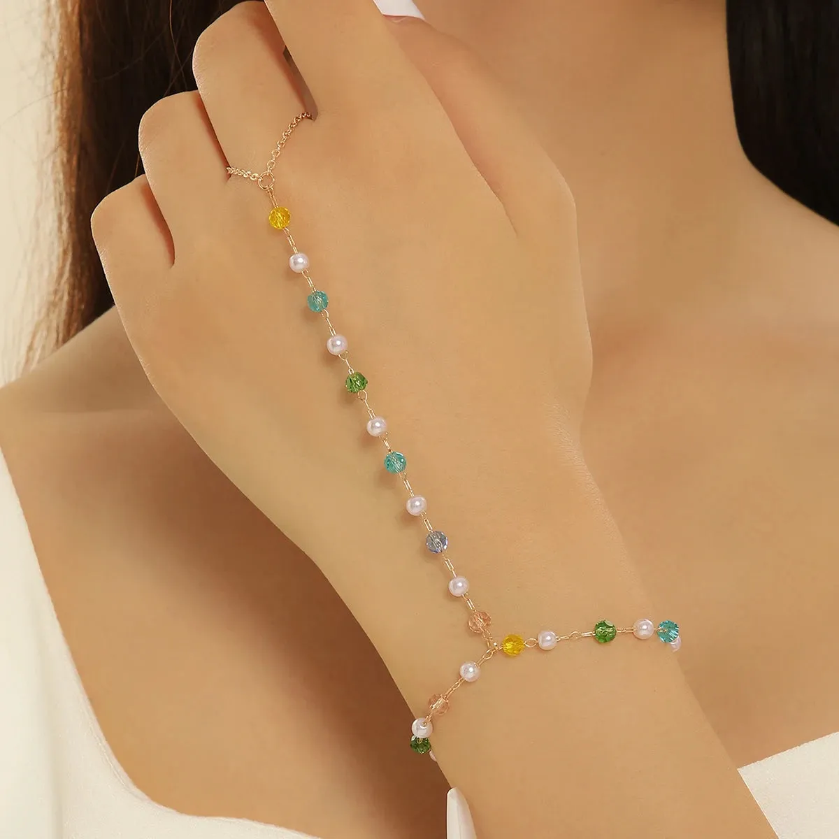 Colorful Zircon Crystal Link Chain Wrist Bracelet For Women Finger Ring Bracelets Trend Statement Jewelry